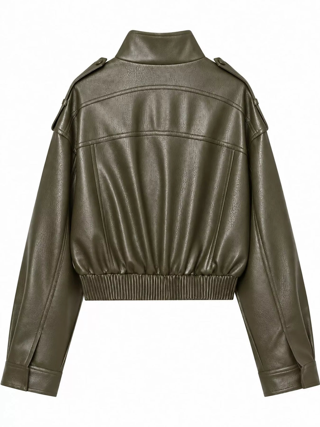 Back view of the army-green faux-leather bomber jacket.