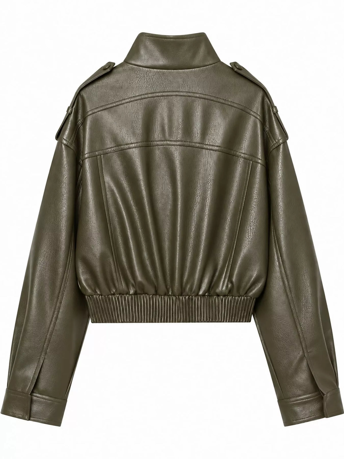 Back view of the army-green faux-leather bomber jacket.