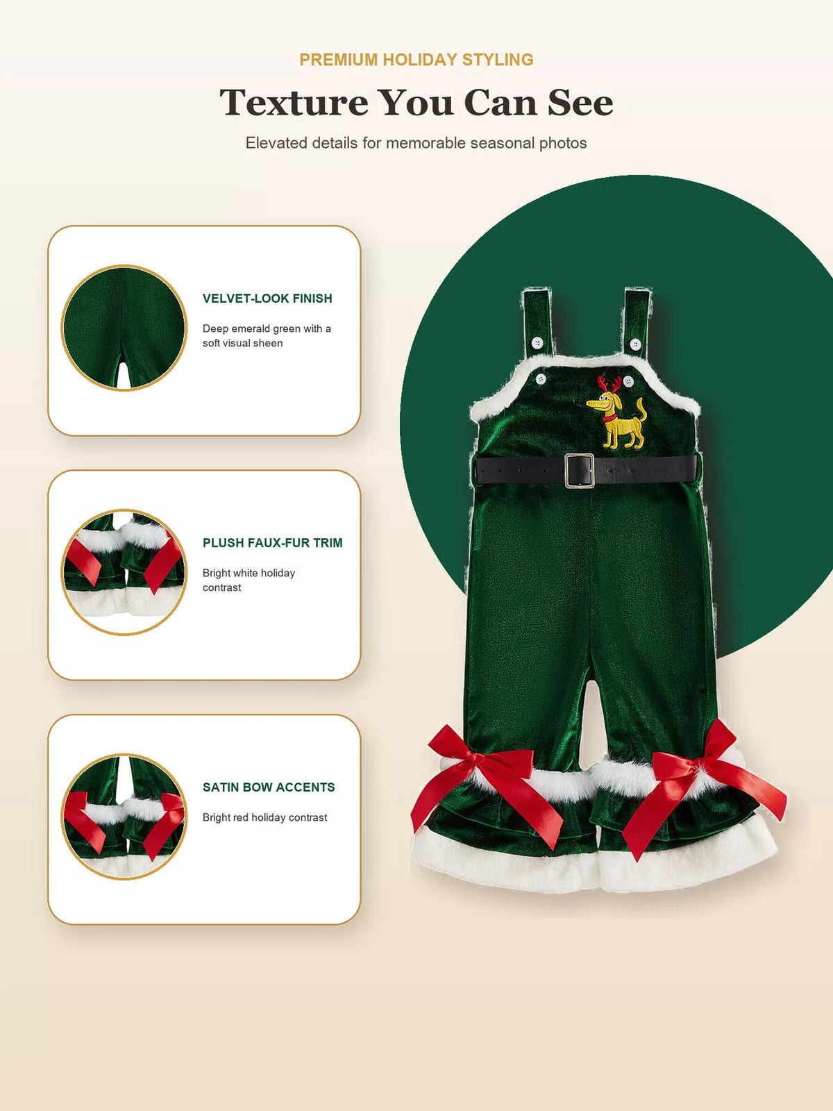 Green Santa Baby overalls with red bows and inset views of the fabric and leg trim.