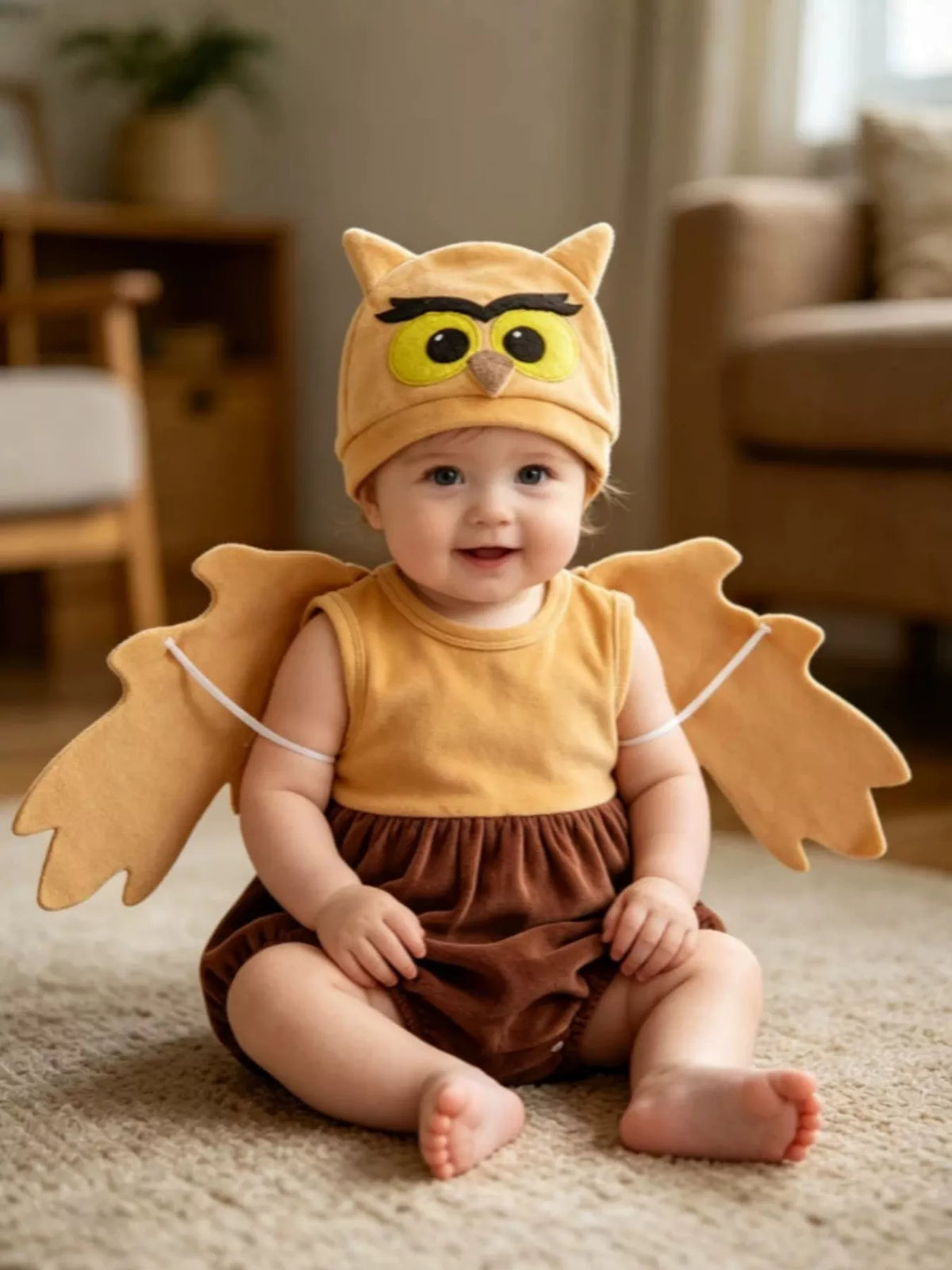 Children’s mustard owl-wing top, brown bottoms and owl hat worn by a child