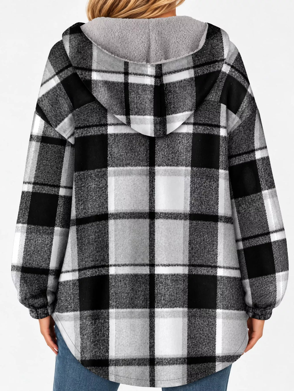 Back view of the black-and-white plaid jacket and hood.