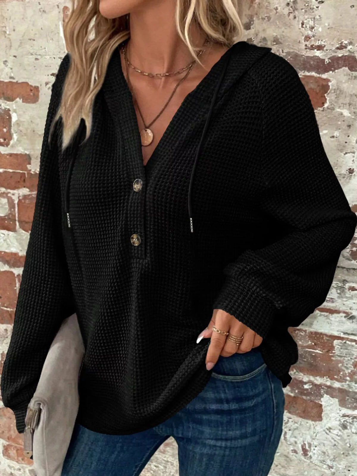Black waffle Knit Button Detail Hoodie
