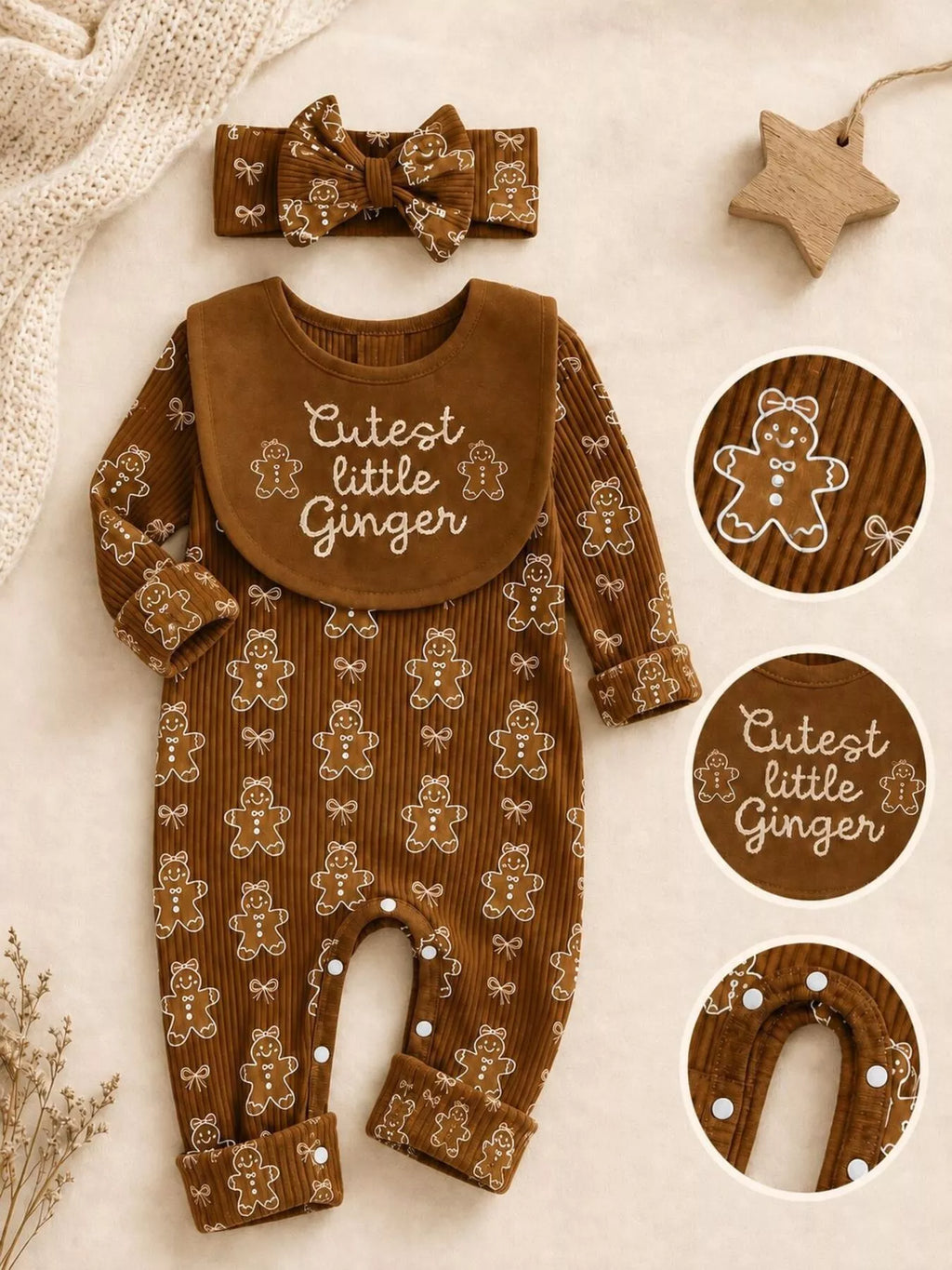 Front view of the brown gingerbread-print romper, bib and headband with graphic and snap detail insets.