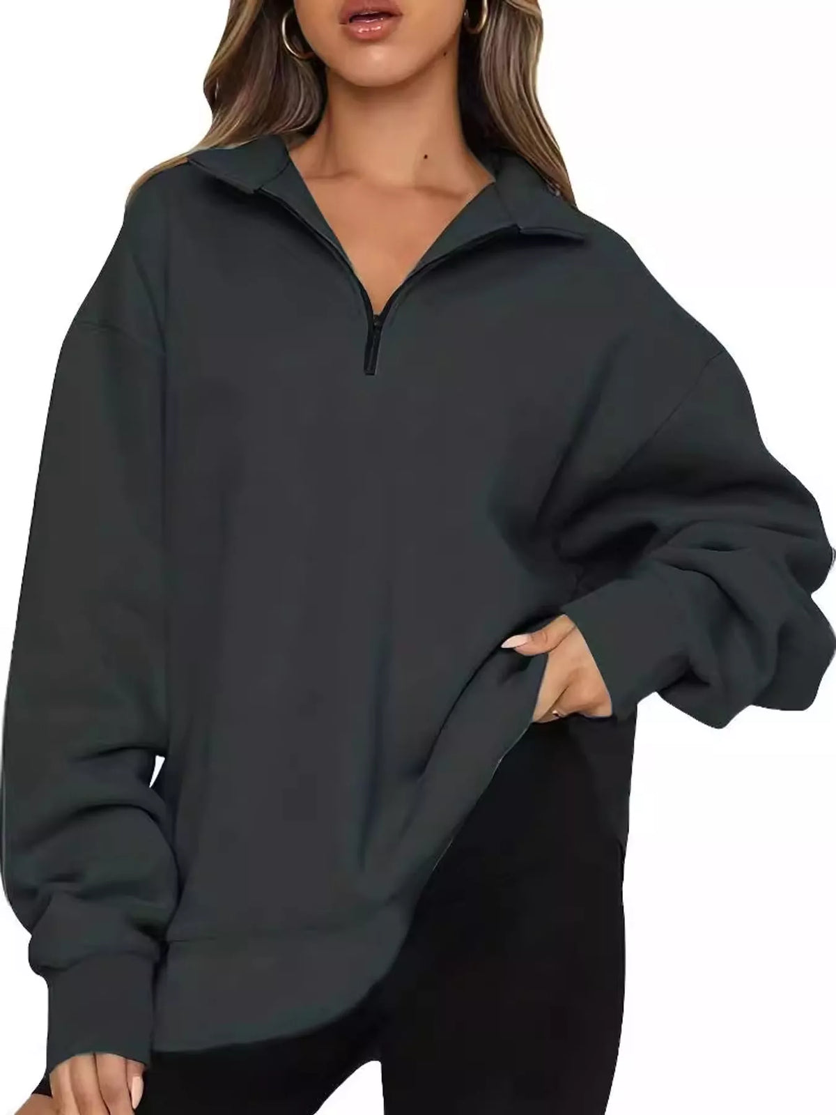 Charcoal gray quarter-Zip Dropped Shoulder Sweatshirt