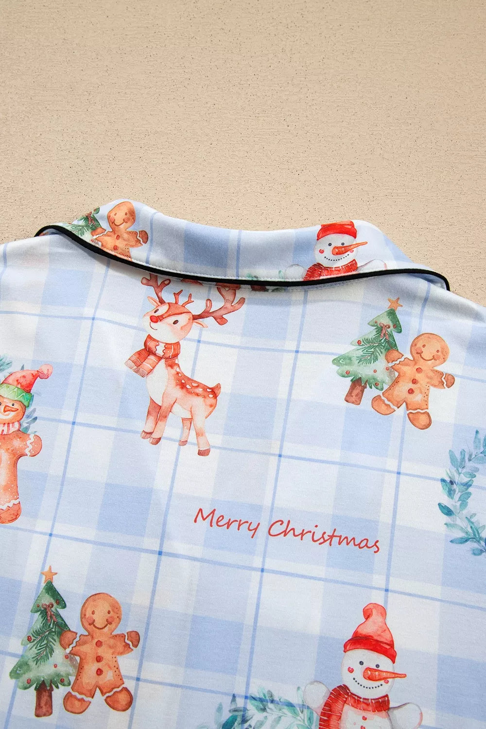 Light blue plaid Cartoon Christmas Pattern Shirt Top 2pcs Pajama Set — detail view