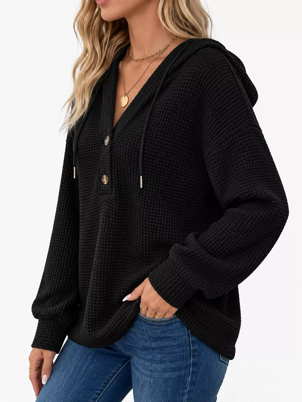 Black waffle Knit Button Detail Hoodie
