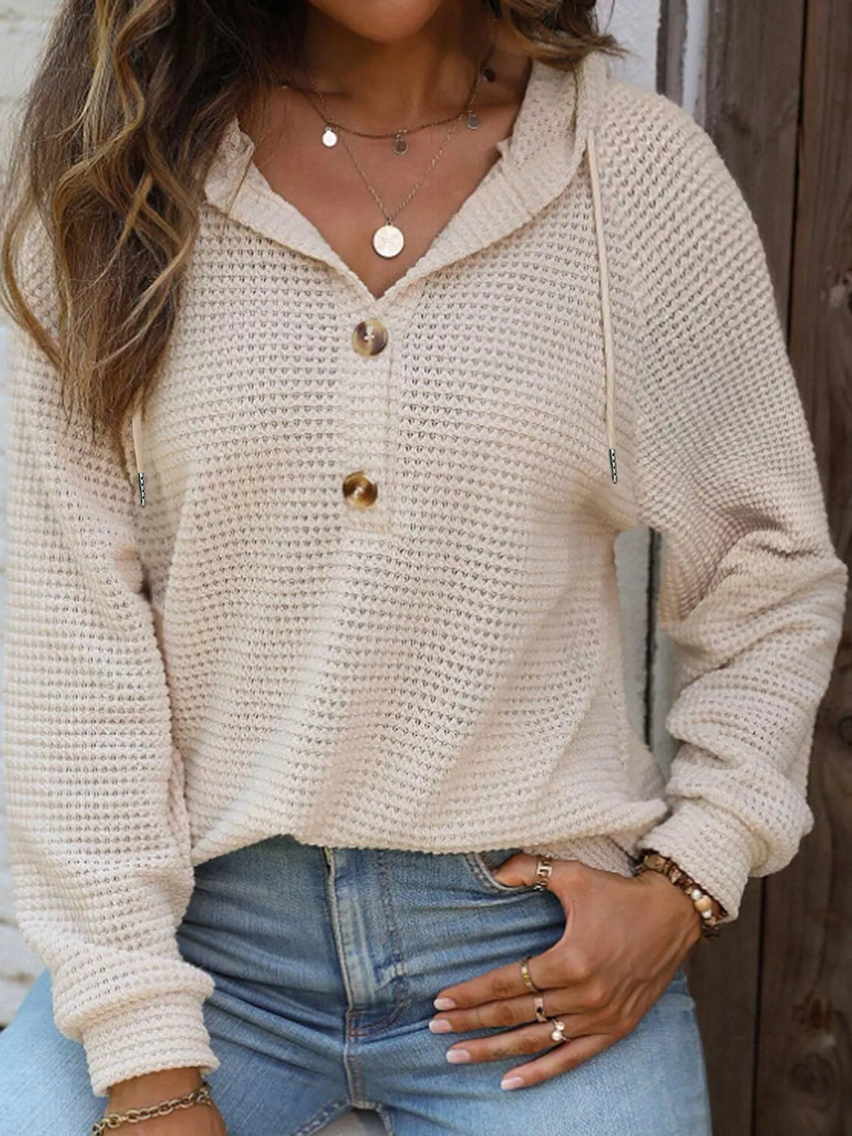 Beige waffle Knit Button Detail Hoodie