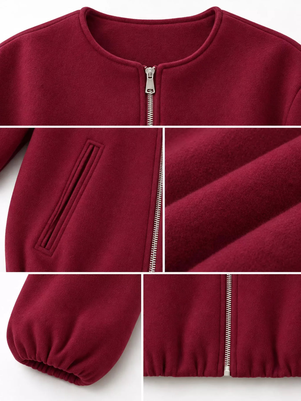 Collage of the burgundy jacket's round neckline, zipper, pocket, fabric, cuff and gathered hem.