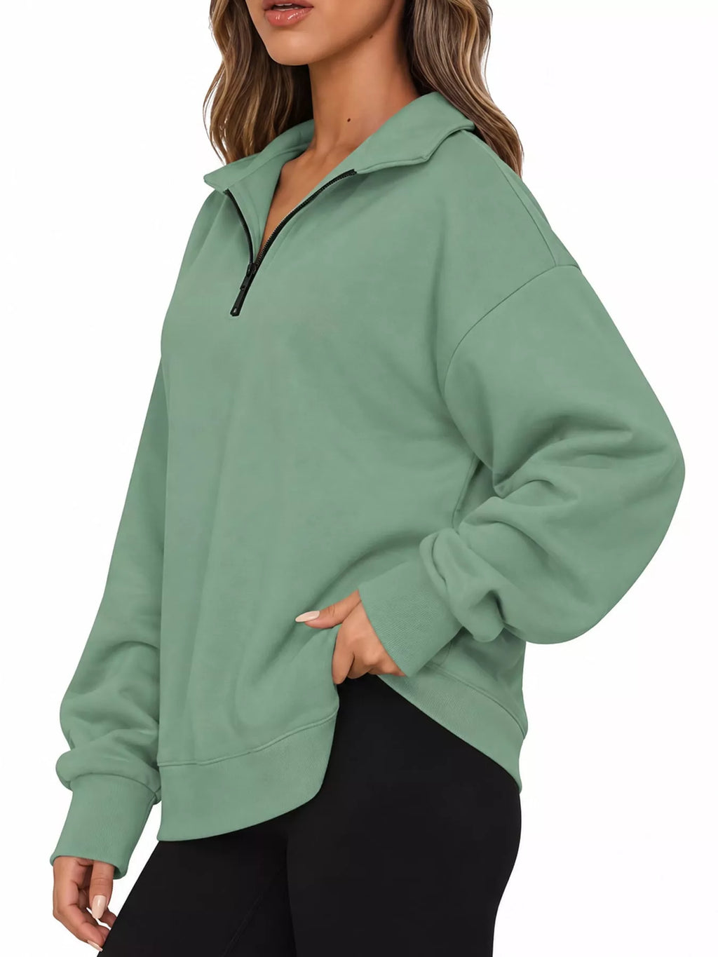 Sage green quarter-Zip Dropped Shoulder Sweatshirt