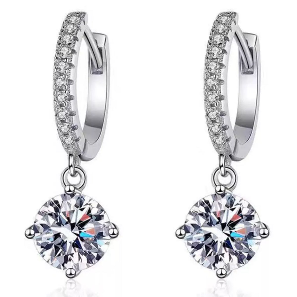 Silver-tone hoop earrings with round halo stone drops — detail view
