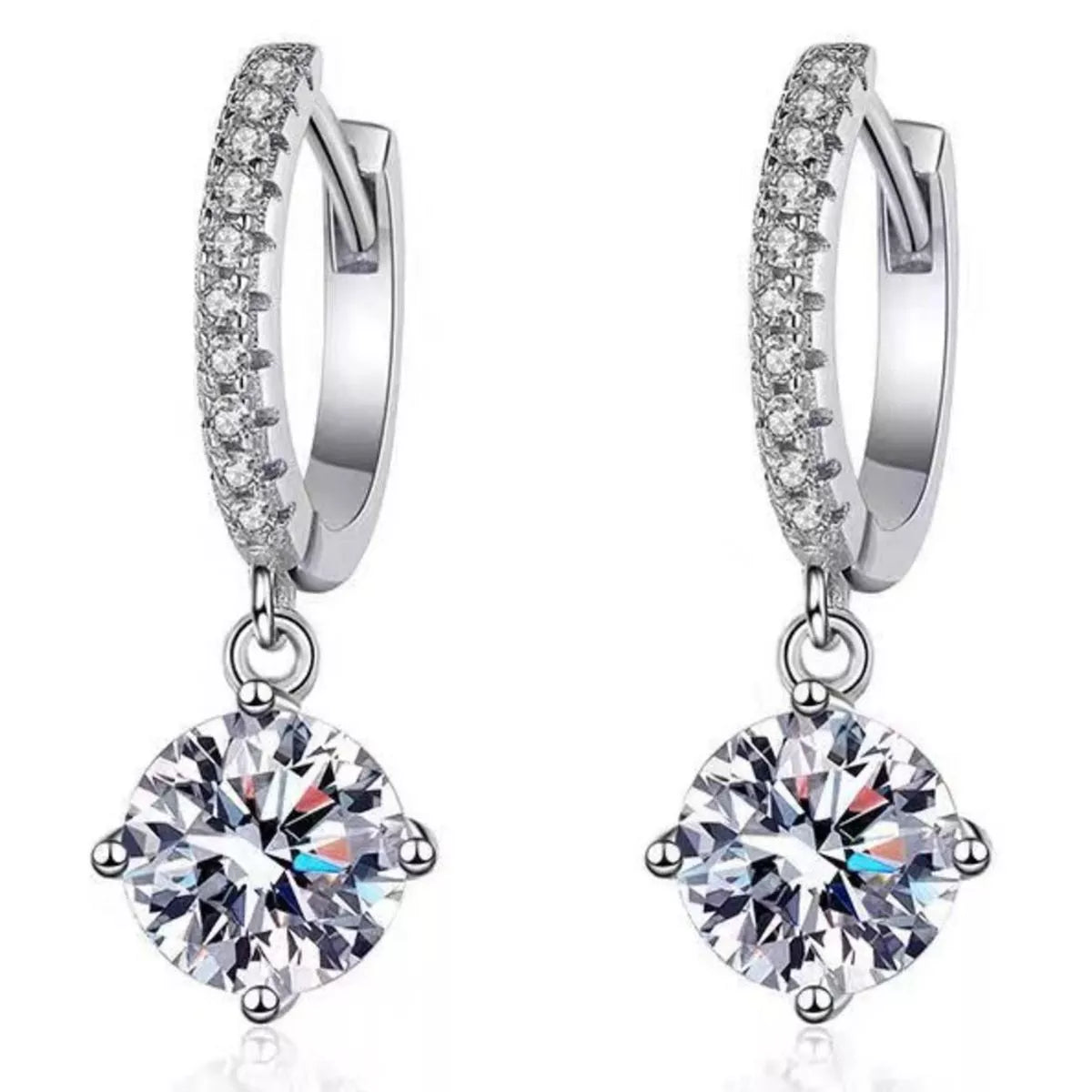Silver-tone hoop earrings with round halo stone drops — detail view