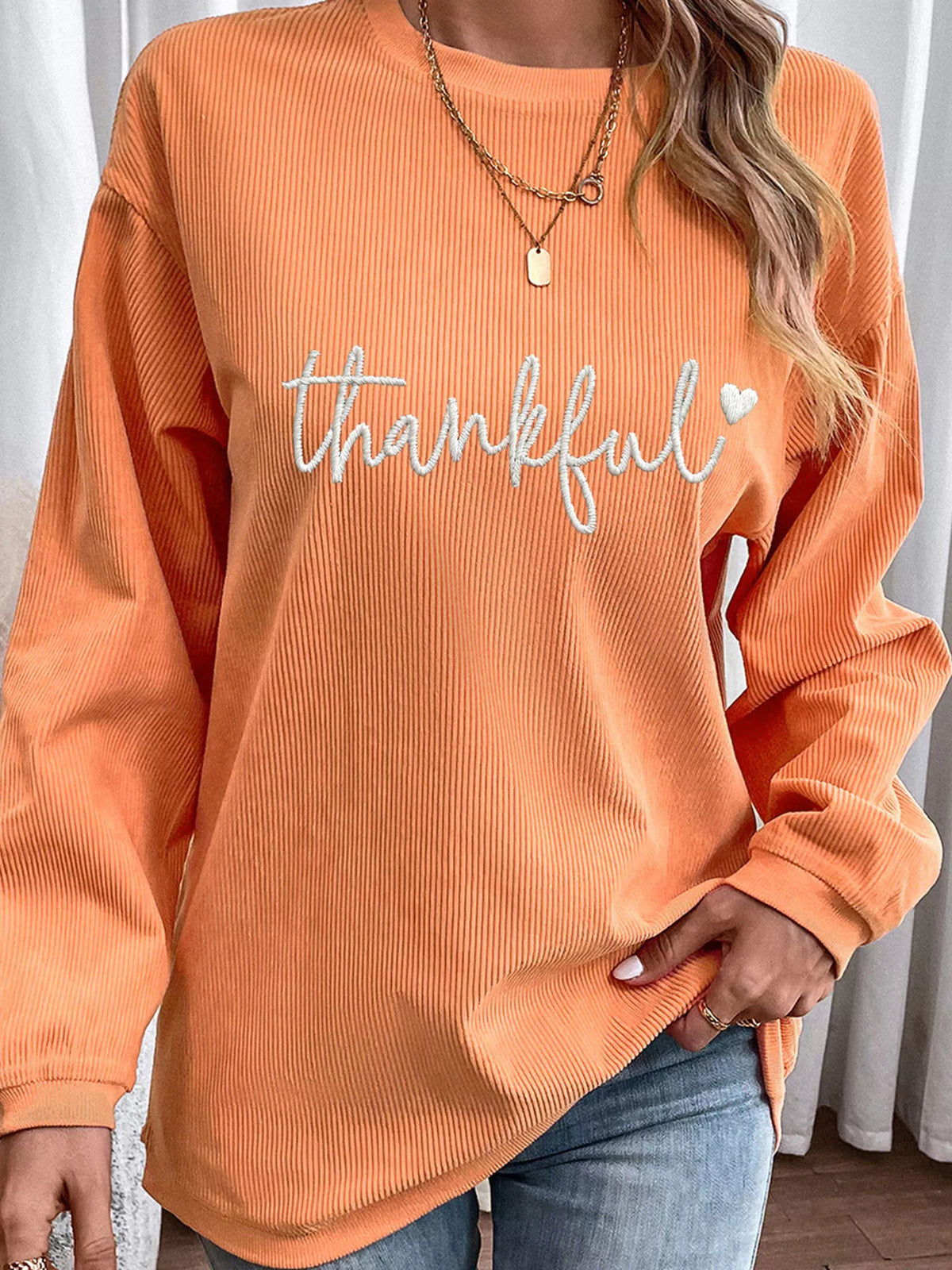 Orange thankful Embroidered Corded Crewneck Sweatshirt