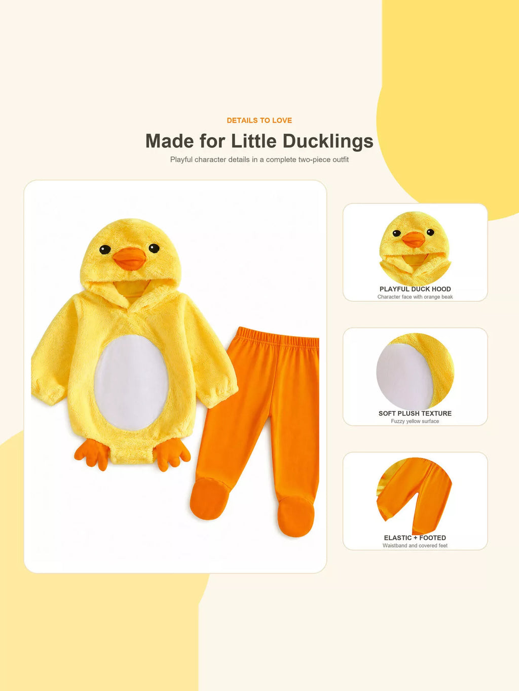 Yellow duck hooded outfit and orange pants with inset views of the duck face, belly panel and legs.
