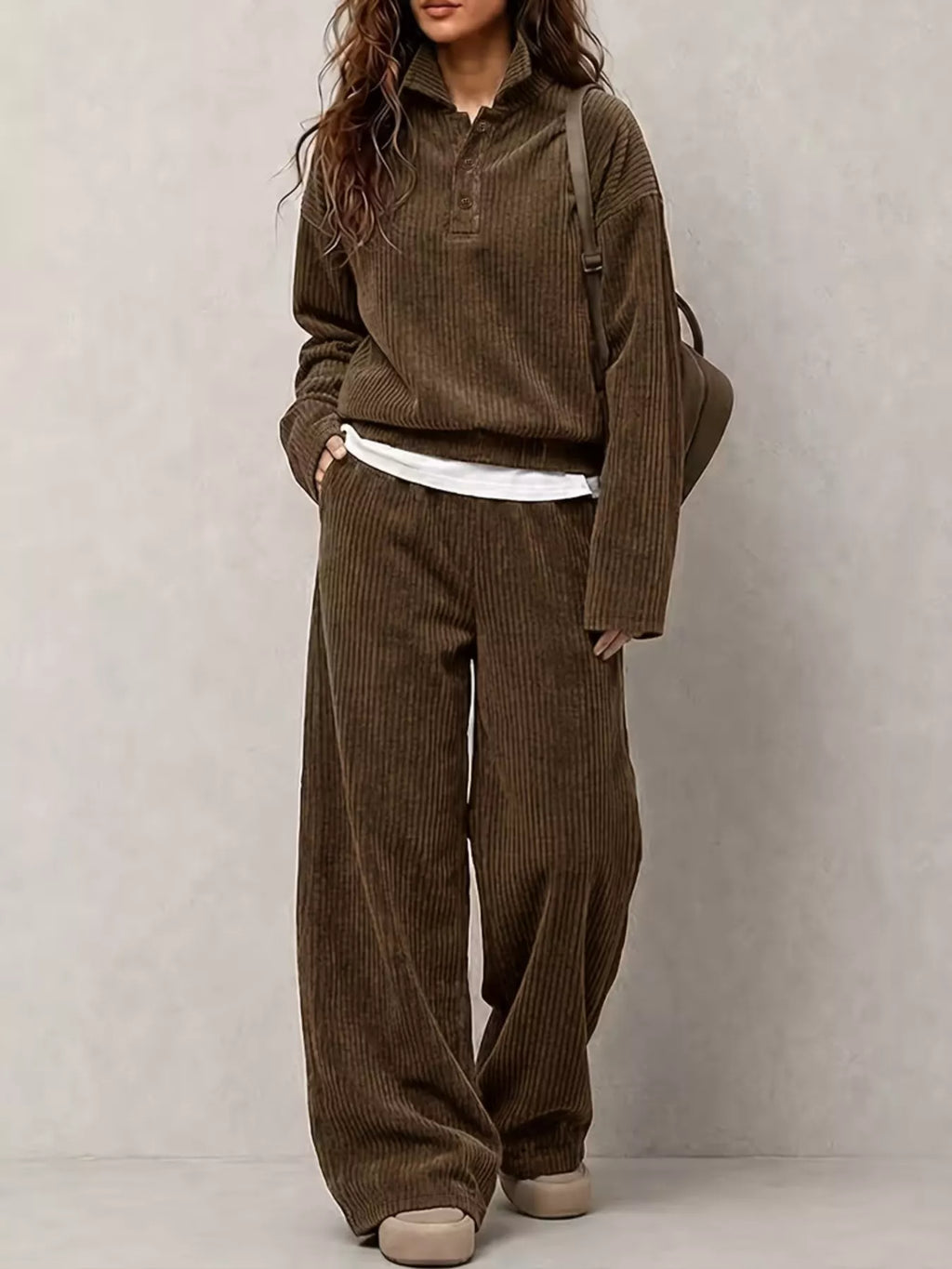 Brown corduroy Button Detail Top and Wide-Leg Pants Set