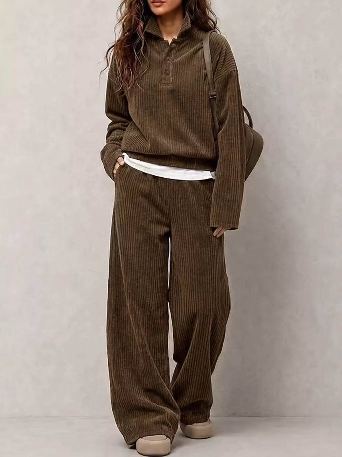 Brown corduroy Button Detail Top and Wide-Leg Pants Set