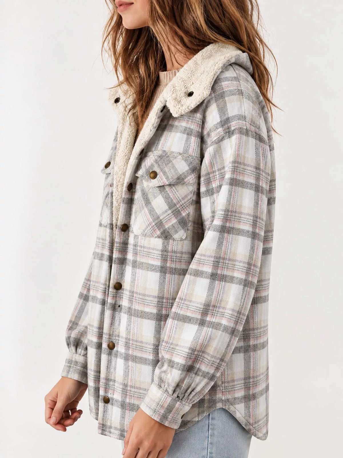 Side view of the gray plaid hooded jacket.