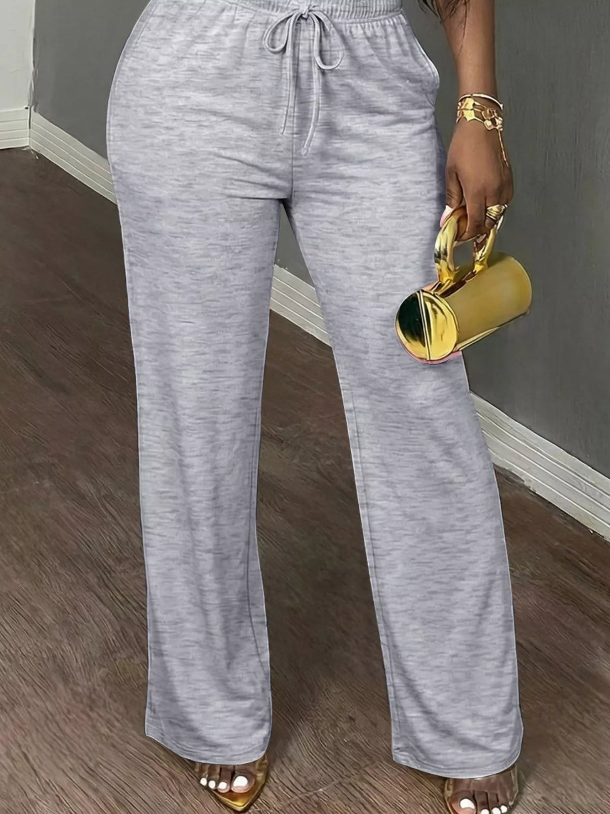 Gray short Sleeve Top and Wide Leg Pants Set — detail view