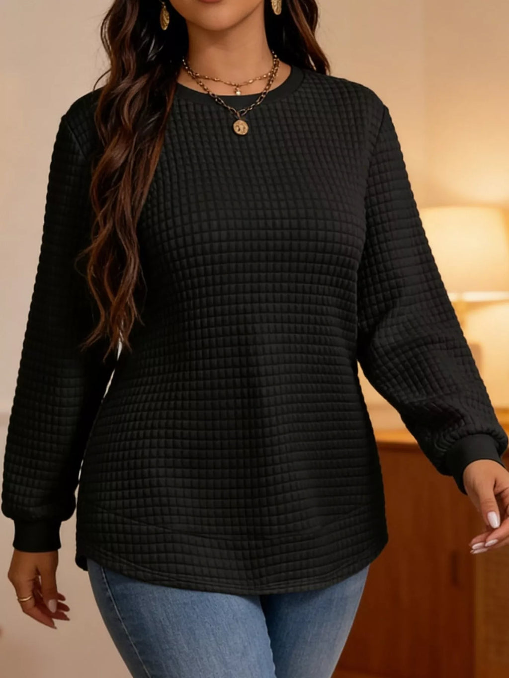 Black textured Waffle Knit Crew Neck Sweatshirt