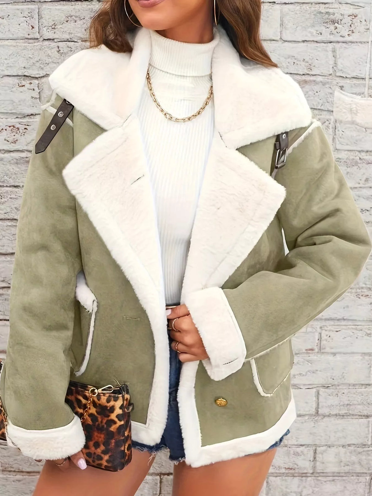 Matcha-green jacket with wide white plush lapels, contrast trim and front pockets, front view modeled worn open.