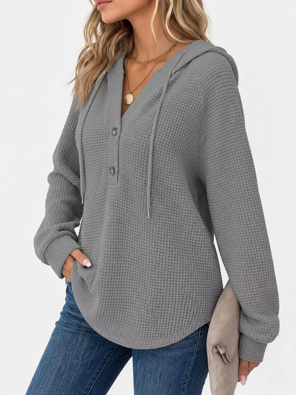 Gray waffle Knit Button Detail Hoodie