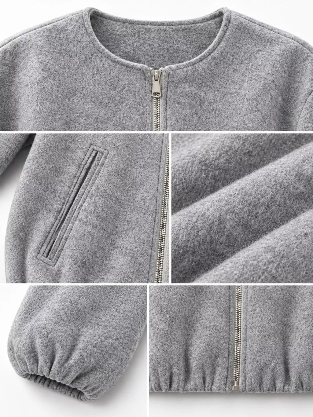 Collage of the gray jacket's round neckline, zipper, pocket, fabric, cuff and gathered hem.