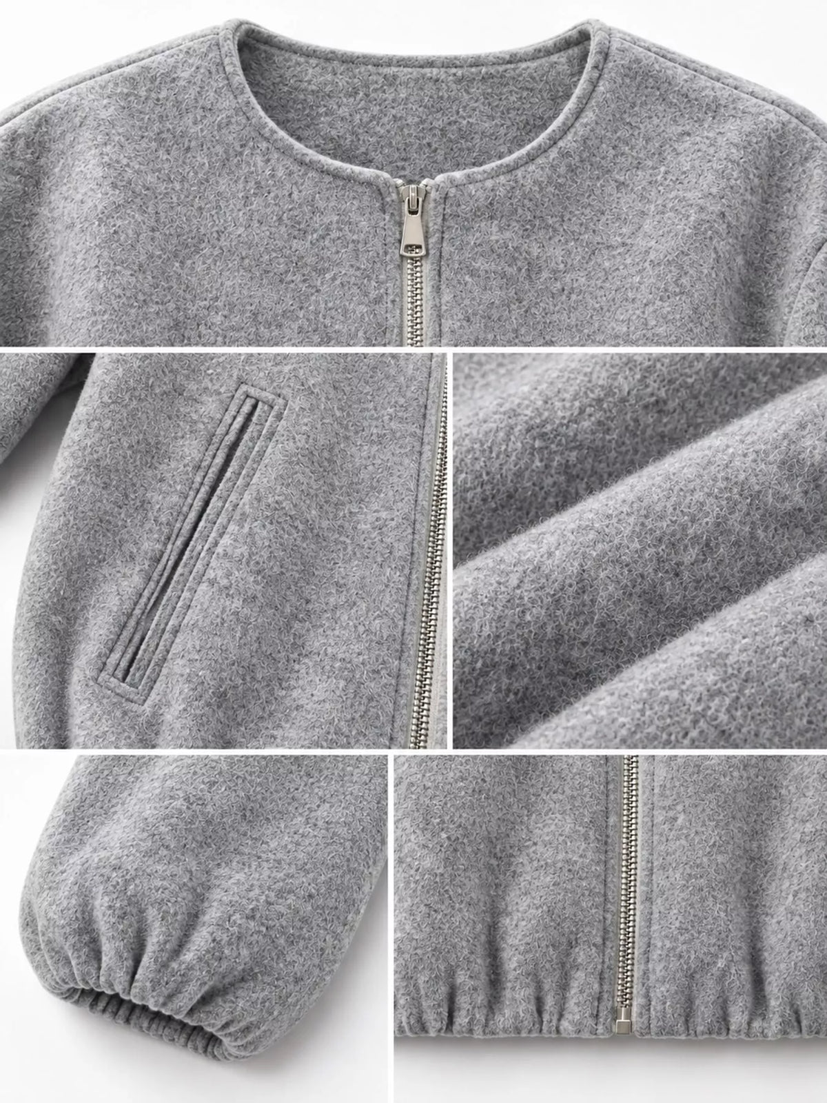 Collage of the gray jacket's round neckline, zipper, pocket, fabric, cuff and gathered hem.
