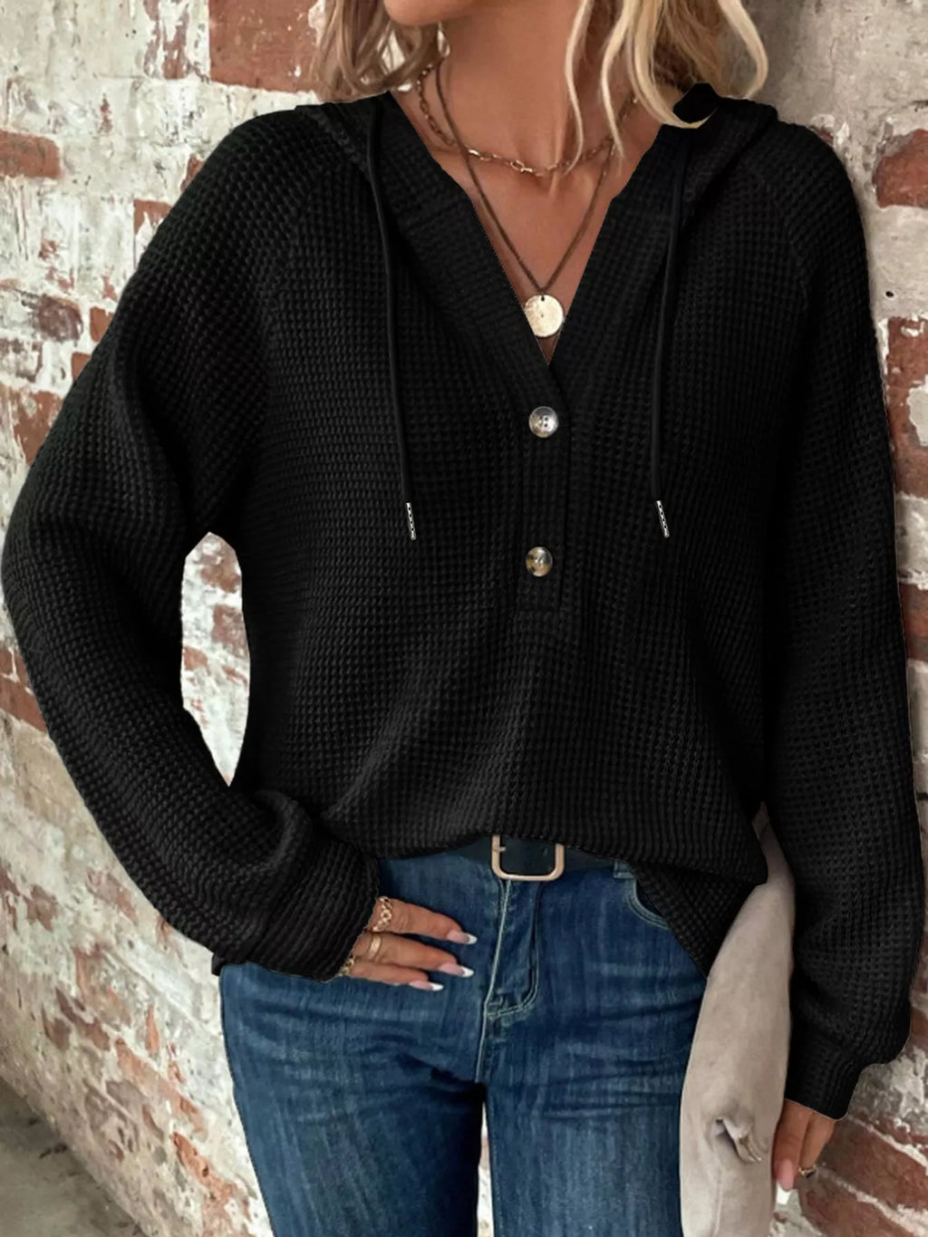 Black waffle Knit Button Detail Hoodie