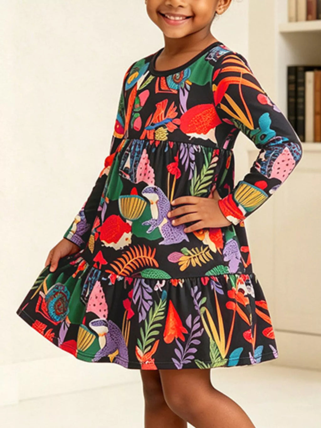 Child holding out the hem of the colorful long-sleeve tiered dress.