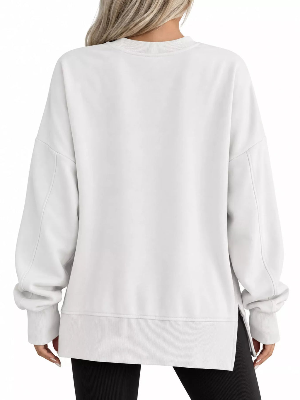 White oversized Crew Neck Sweatshirt with Side Slit — back view