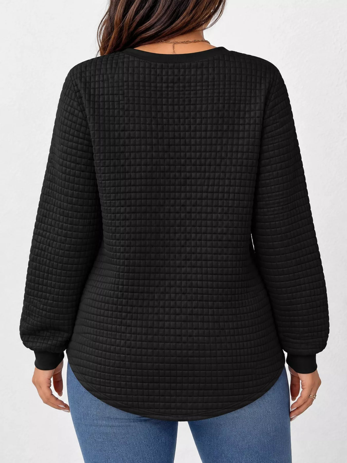 Black textured Waffle Knit Crew Neck Sweatshirt — back view