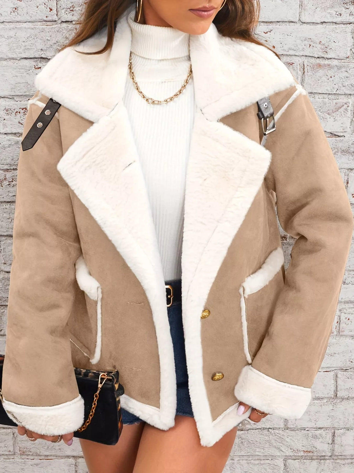 Tan jacket with wide white plush lapels, contrast trim and front pockets, front view.