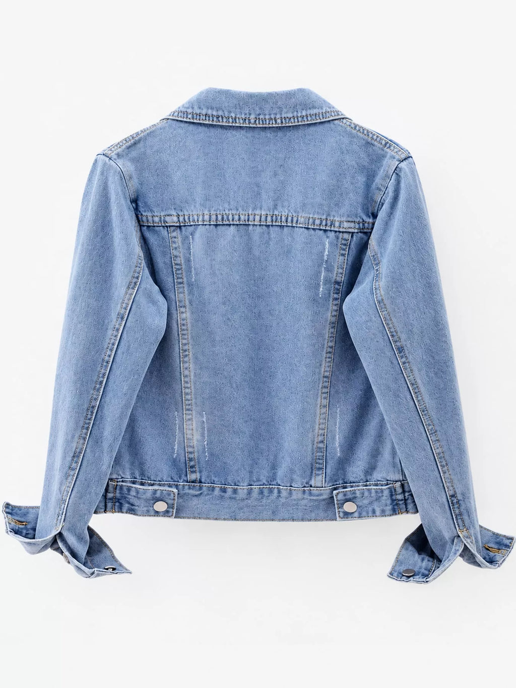 Back view of the light-wash denim jacket.