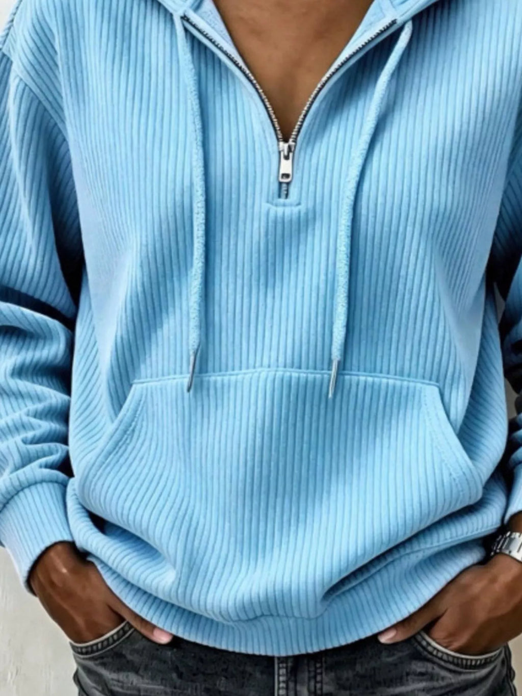 Light blue ribbed Knit Quarter-Zip Hoodie — detail view