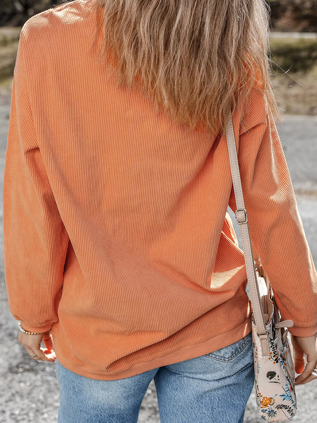 Orange thankful Embroidered Corded Crewneck Sweatshirt — back view