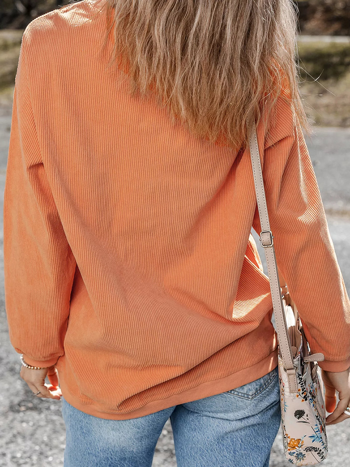 Orange thankful Embroidered Corded Crewneck Sweatshirt — back view