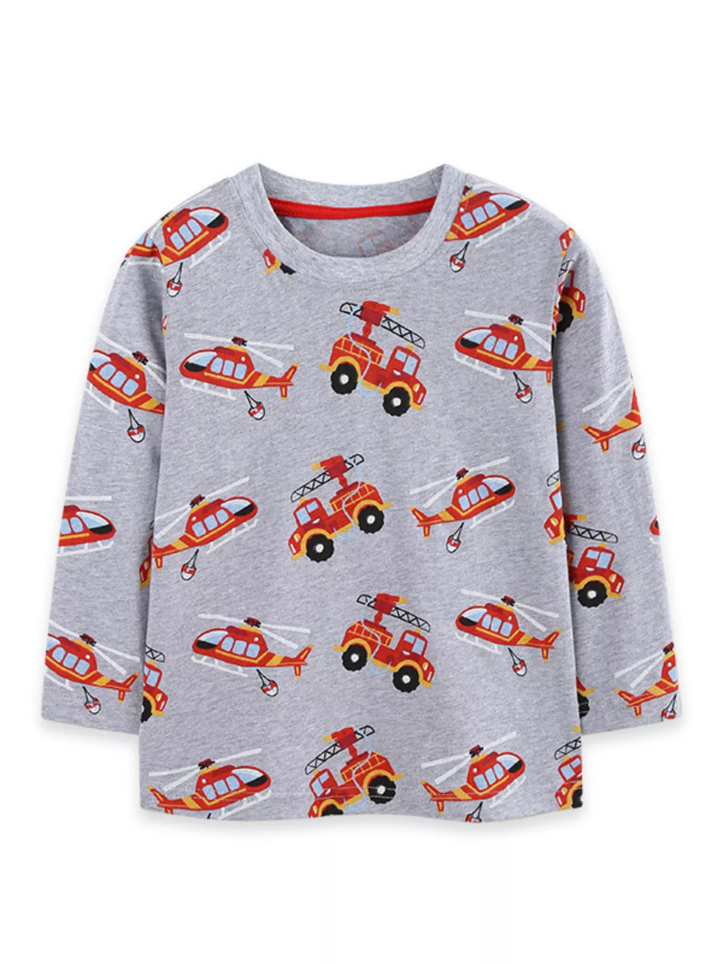 Front product view of the gray children's fire truck and helicopter print top.