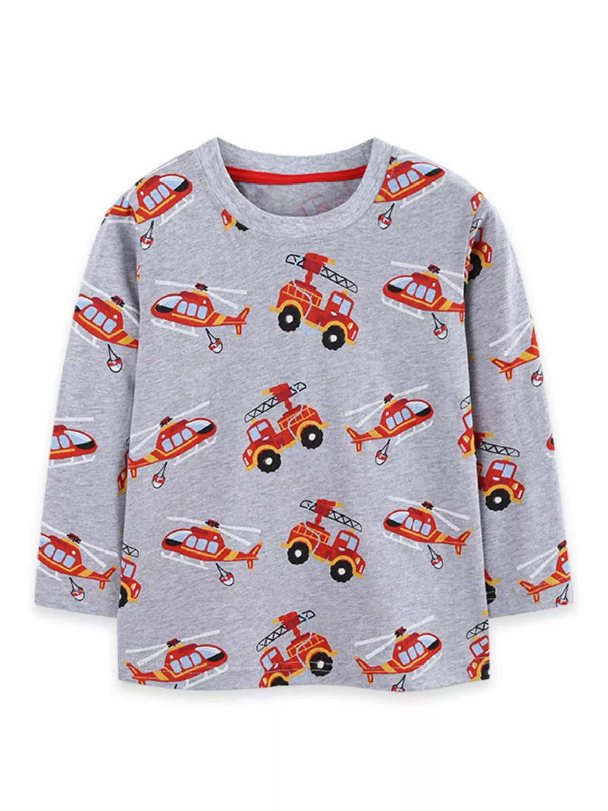 Front product view of the gray children's fire truck and helicopter print top.