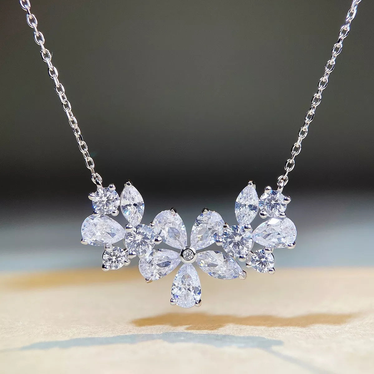 925 Sterling Silver Zircon Flower Necklace