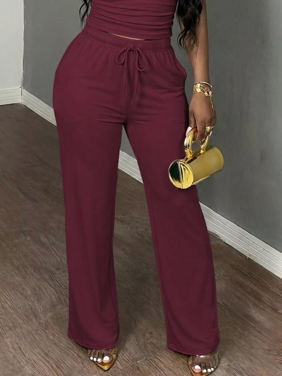 Burgundy short Sleeve Top and Wide Leg Pants Set — detail view