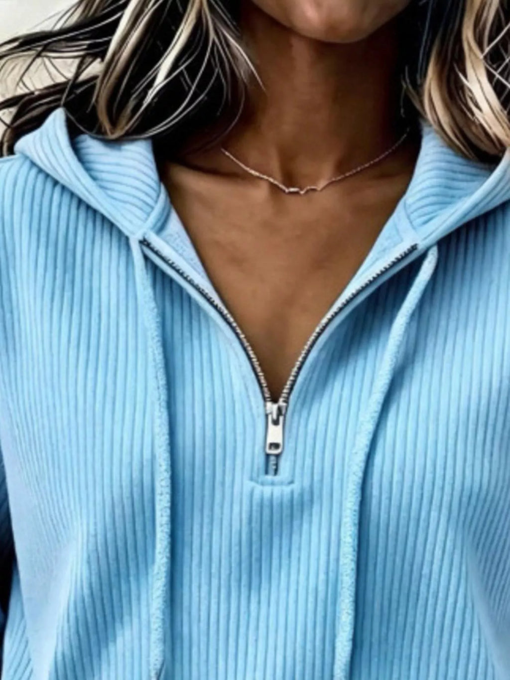 Light blue ribbed Knit Quarter-Zip Hoodie — detail view