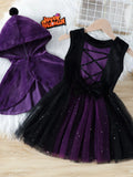 Black-and-purple Halloween tulle dress with lace-up bodice and separate purple hooded cape.