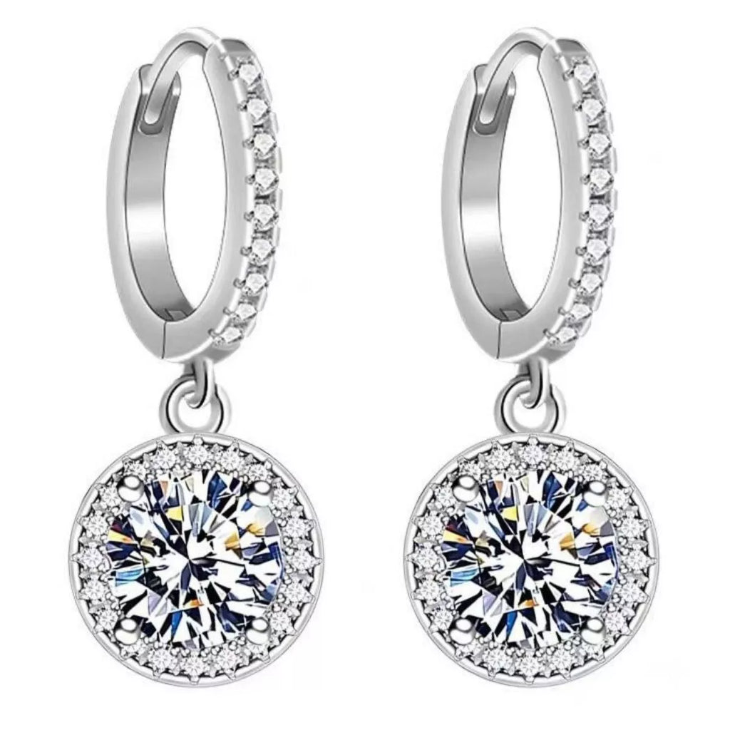 Silver-tone hoop earrings with round halo stone drops — detail view