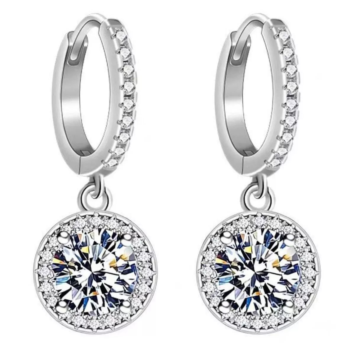 Silver-tone hoop earrings with round halo stone drops — detail view