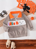 Brown-and-white striped children's half-zip top with orange collar and Little Boo ghost graphic.