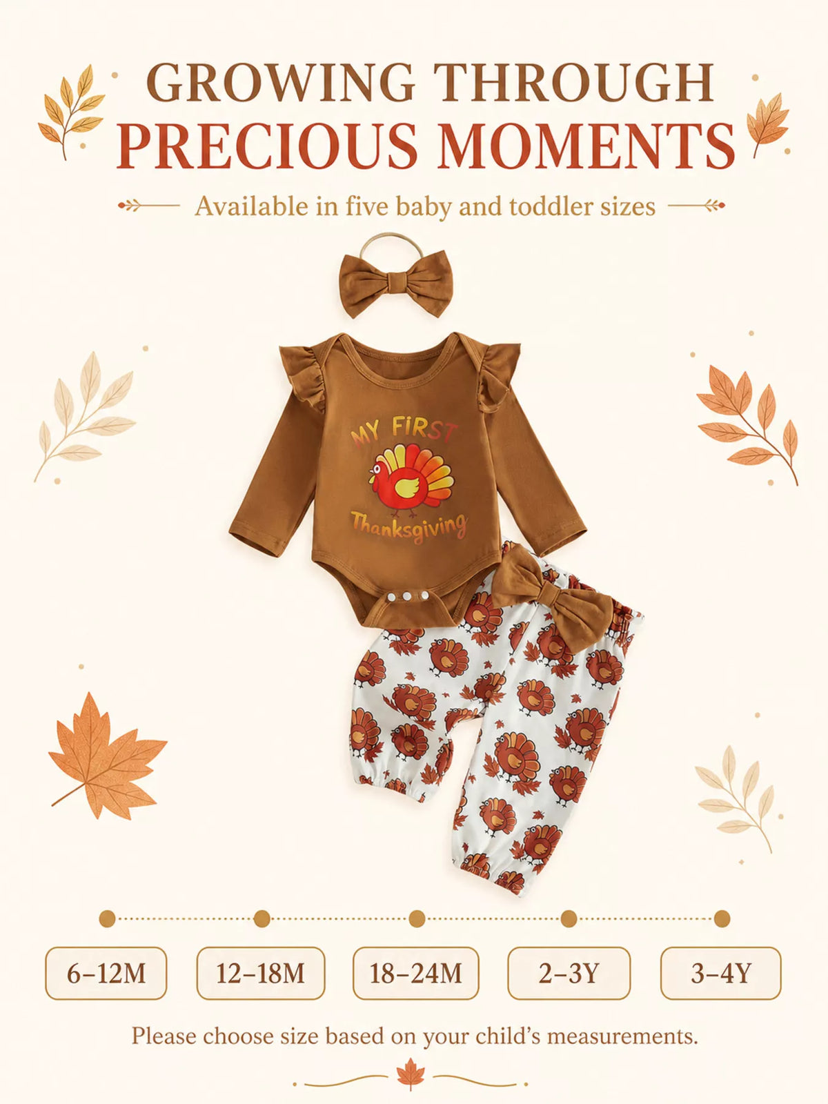 Thanksgiving baby outfit product display showing the brown turkey bodysuit, printed pants and bow headband.