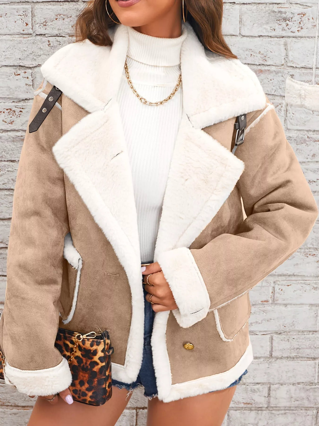 Tan jacket with wide white plush lapels, contrast trim and front pockets, front view modeled holding the lapel.
