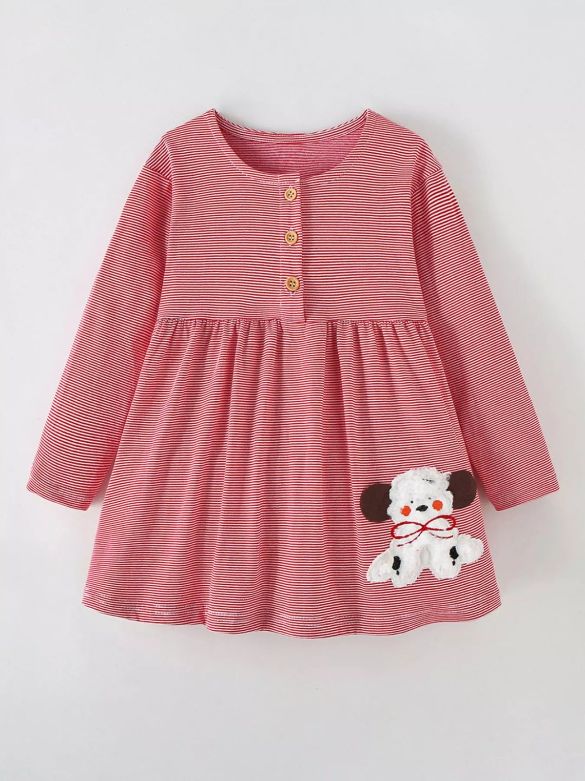 Front product view of the red striped children's dress with puppy applique.