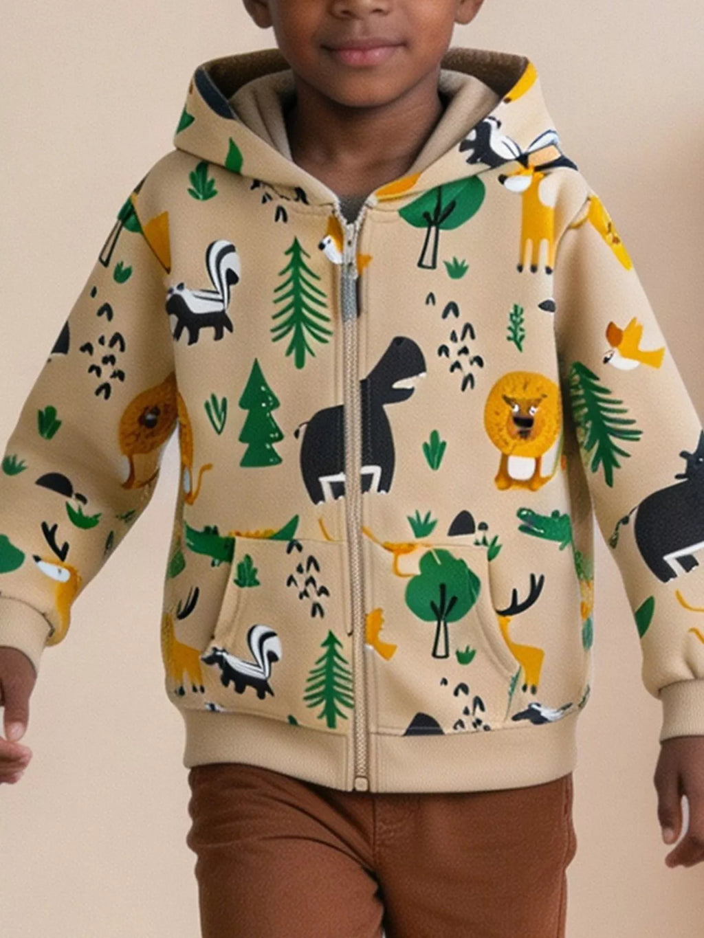 Beige forest-animal print zip-up hooded jacket worn by a child