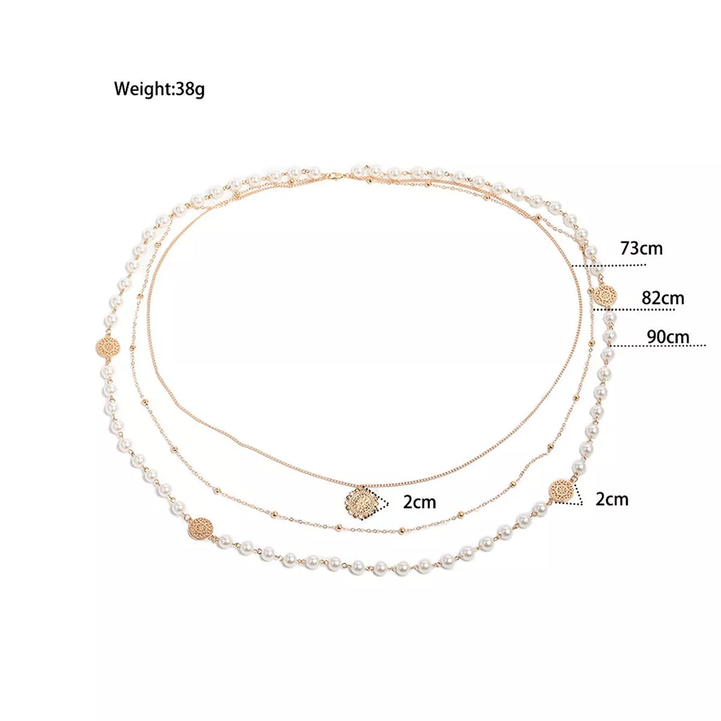 Measurements diagram for layered pearl-like bead and coin pendant necklace