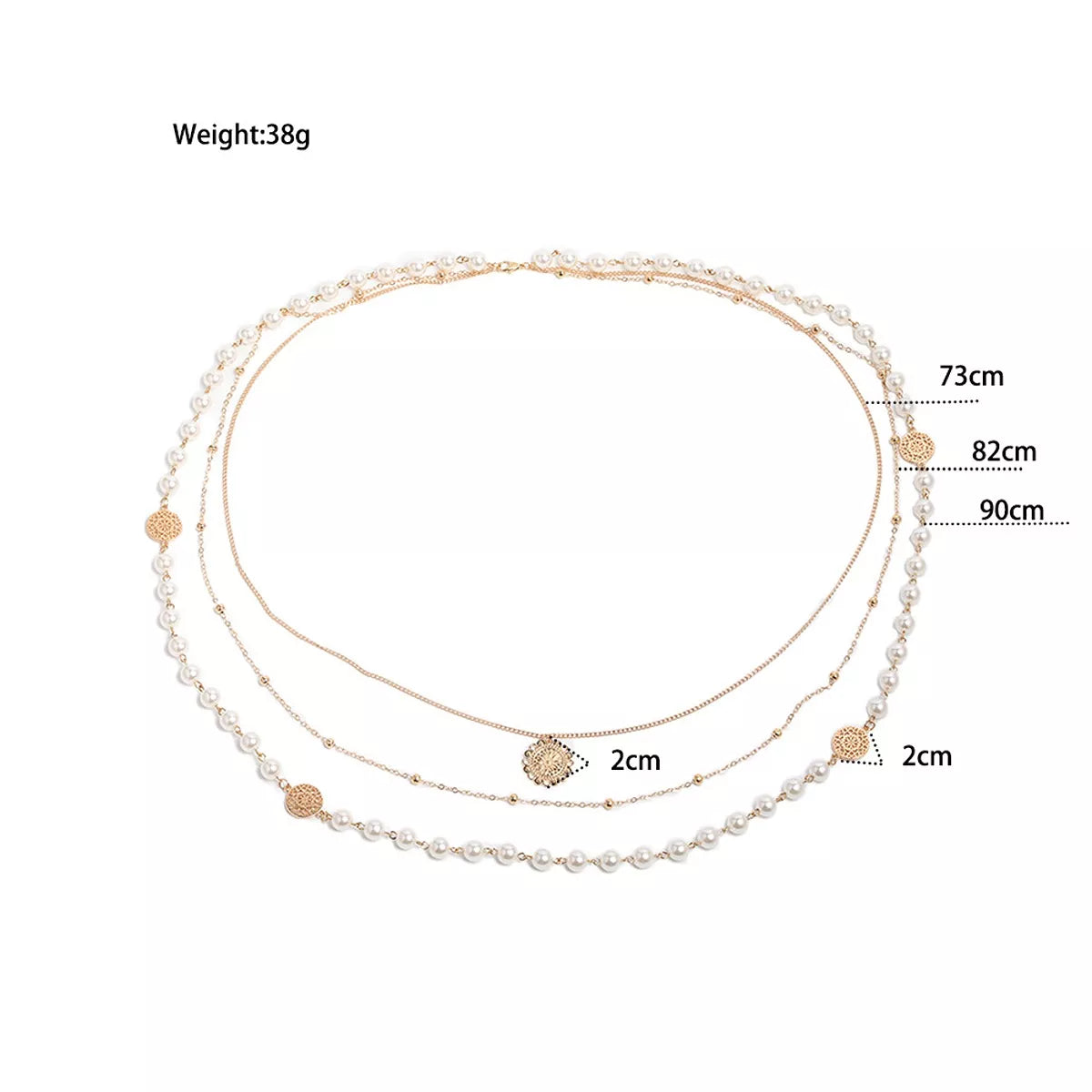 Measurements diagram for layered pearl-like bead and coin pendant necklace